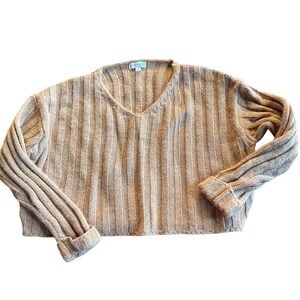 SHE + SKI Tan Ribbed V Neck Cropped Sweater Size M